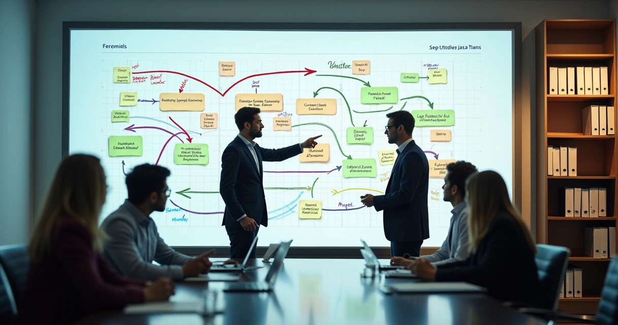 Quadro branco com fluxogramas de transição tributária 