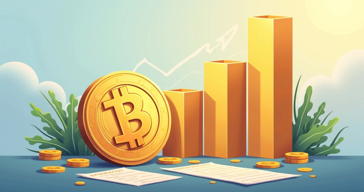 Gráfico mostrando dividendos crescentes sobre uma moeda de bitcoin ao lado de papéis 