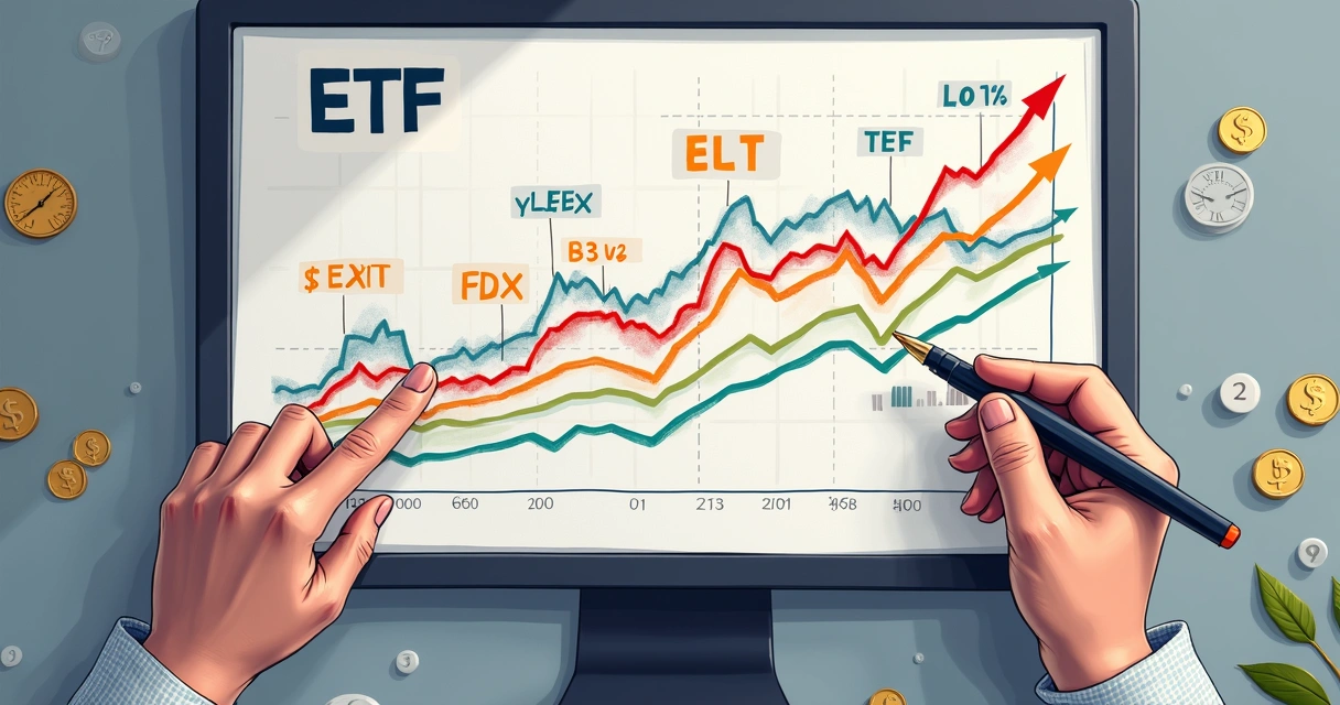 Painel digital mostrando símbolos dos ETFs IEF, TLT, EMB, BNDX sobre gráficos de rendimento 