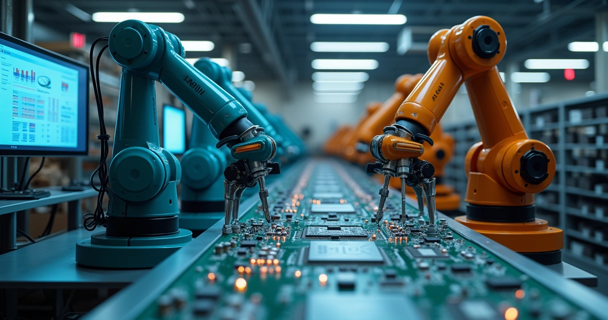 Robôs industriais trabalhando em linha de montagem tecnológica 