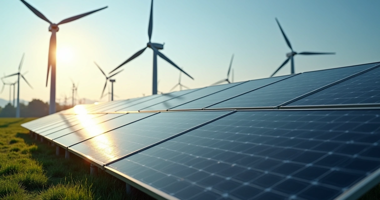 Painéis solares, turbinas eólicas e baterias de lítio lado a lado 