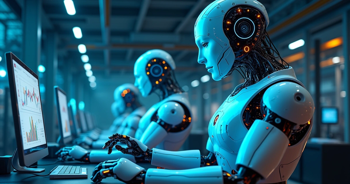 Robôs industriais com luzes azuis e circuitos de inteligência artificial 
