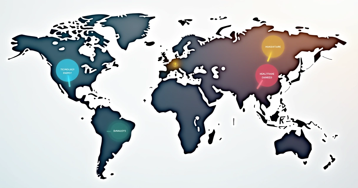 Mapa mundi com ícones de vários setores em diferentes regiões 