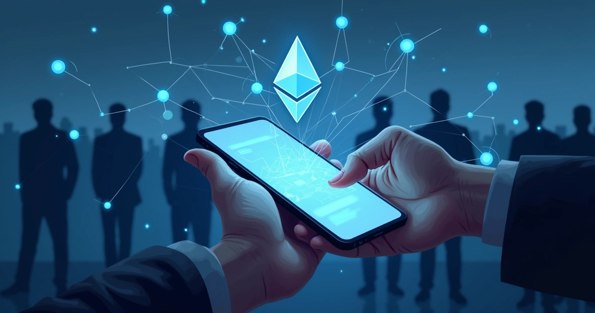 Digital wallet on smartphone with abstract blockchain network in background