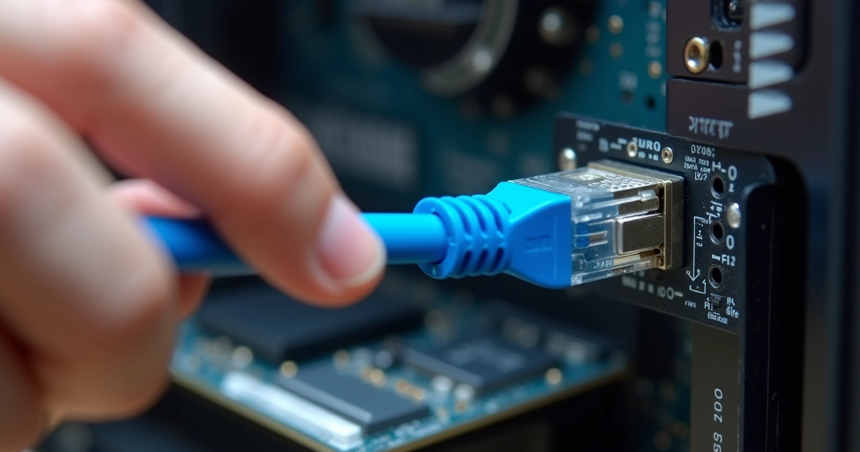 Person connecting Ethernet cable to back of a PC 