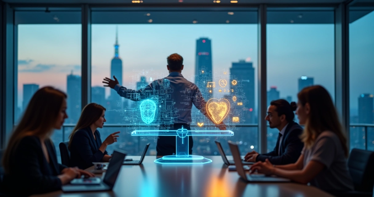 Business leader touching ethical AI scale in futuristic boardroom 