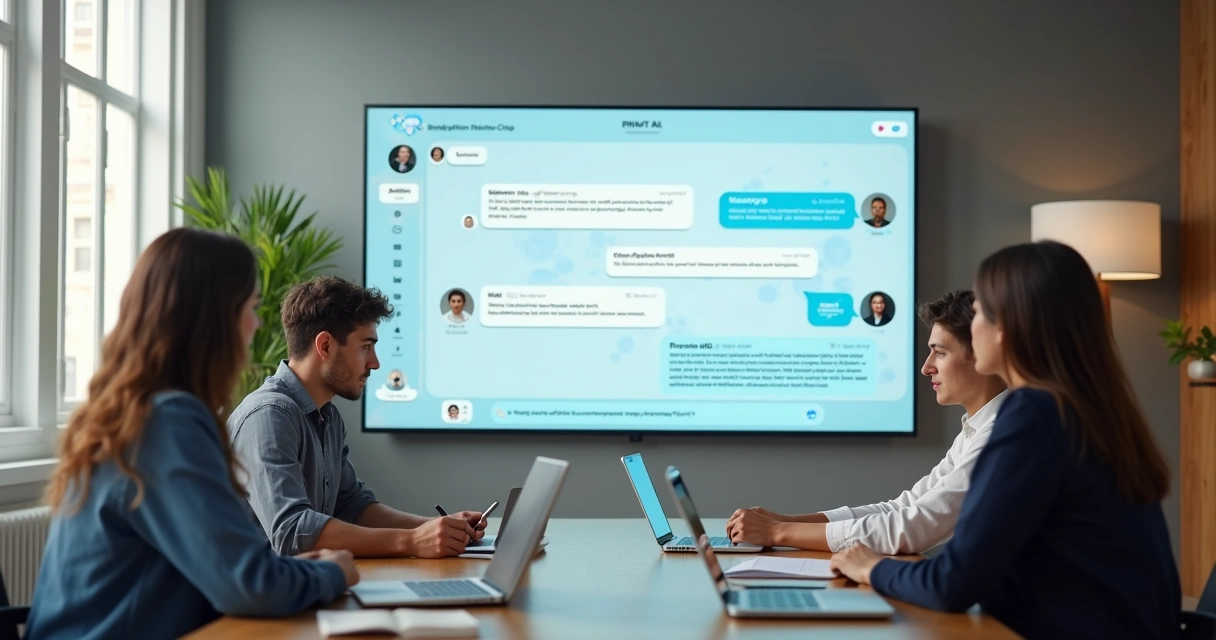 Team reviewing an empathetic AI interface on a large screen