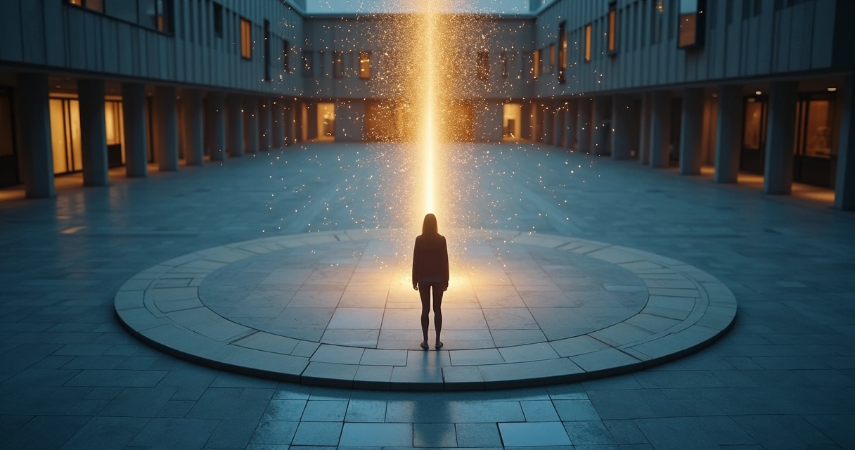 Person standing at night surrounded by floating illuminated lines forming a clear path 