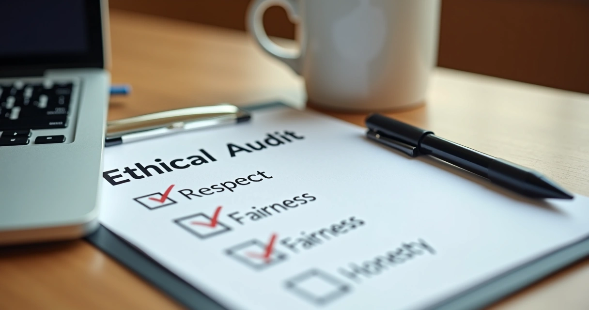 Detailed ethical audit checklist on a wooden desk, with a pen and coffee mug 