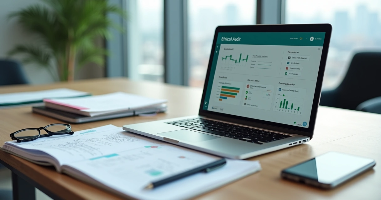 Professional reviewing ethical audit checklist on laptop at modern workspace 