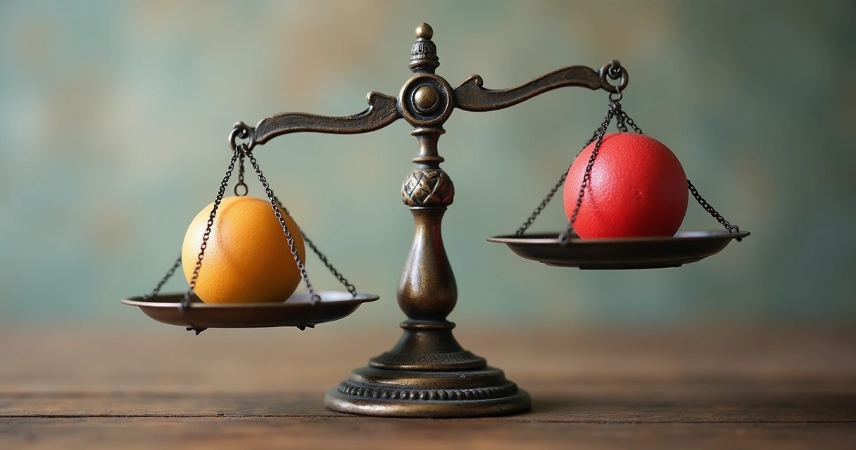 Scales balancing on a central axis with colored weights. 