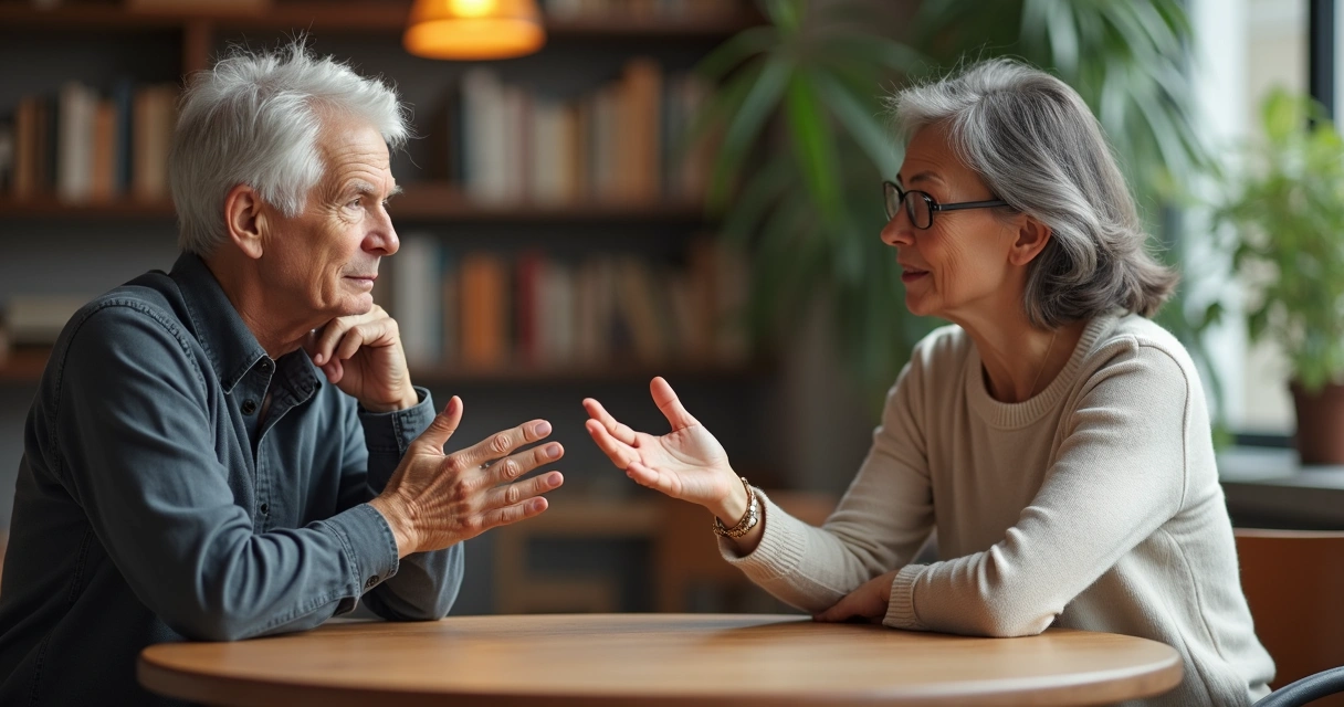 Two diverse people in a thoughtful conversation, hands gesturing boundaries