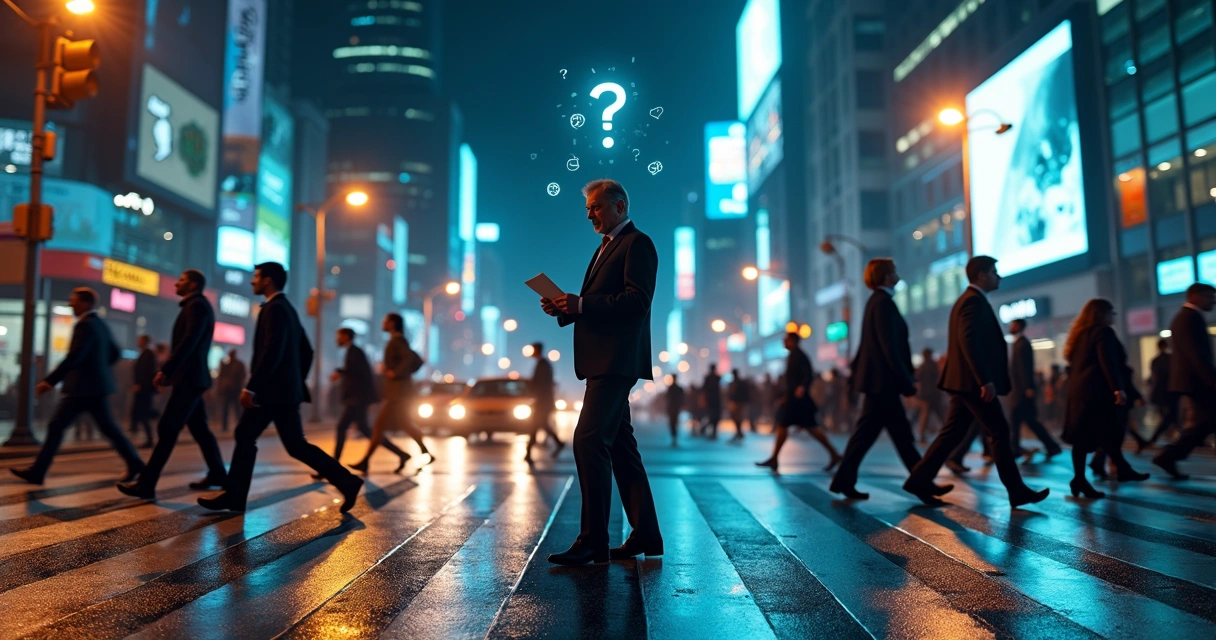 Person pausing on busy crosswalk amid blurred crowd and glowing question marks 