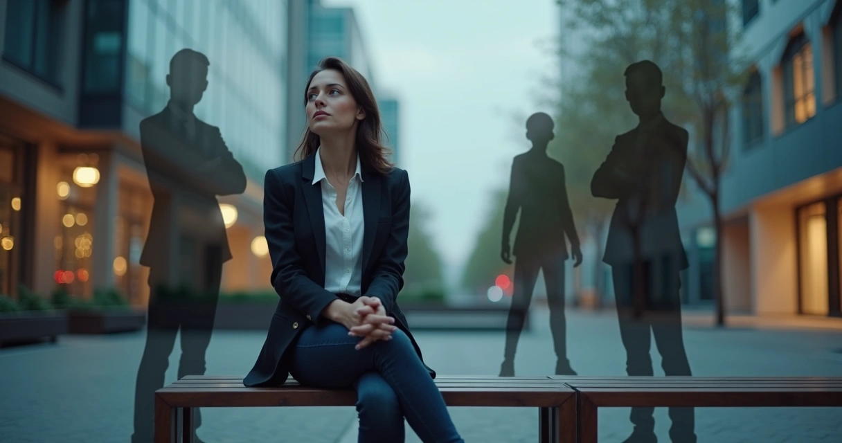 Tired woman sitting on city bench at dusk with overlapping transparent silhouettes 
