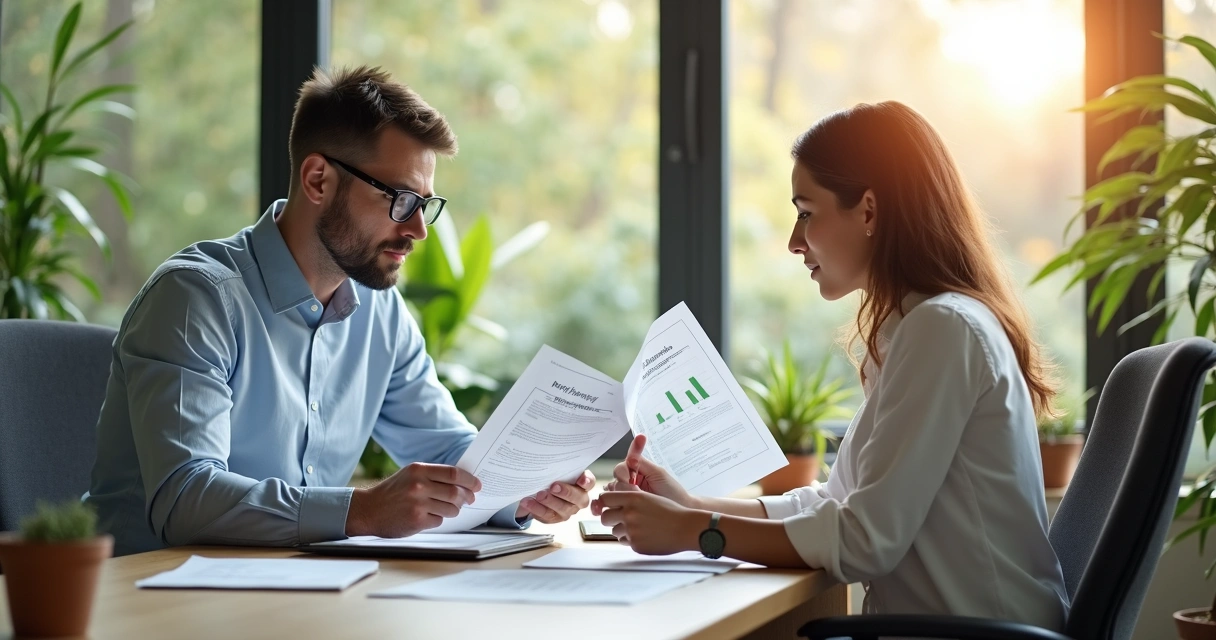 Two executives reviewing ethical business documents