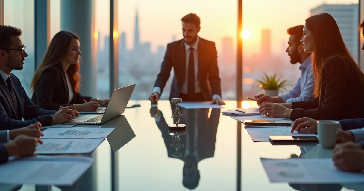 Business team in a modern office weighing ethical choices on a scale-shaped table 