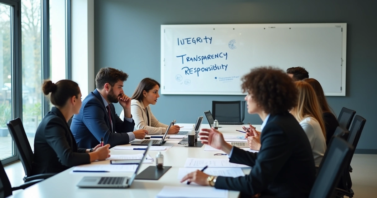 Team meeting discussing ethical business practices 