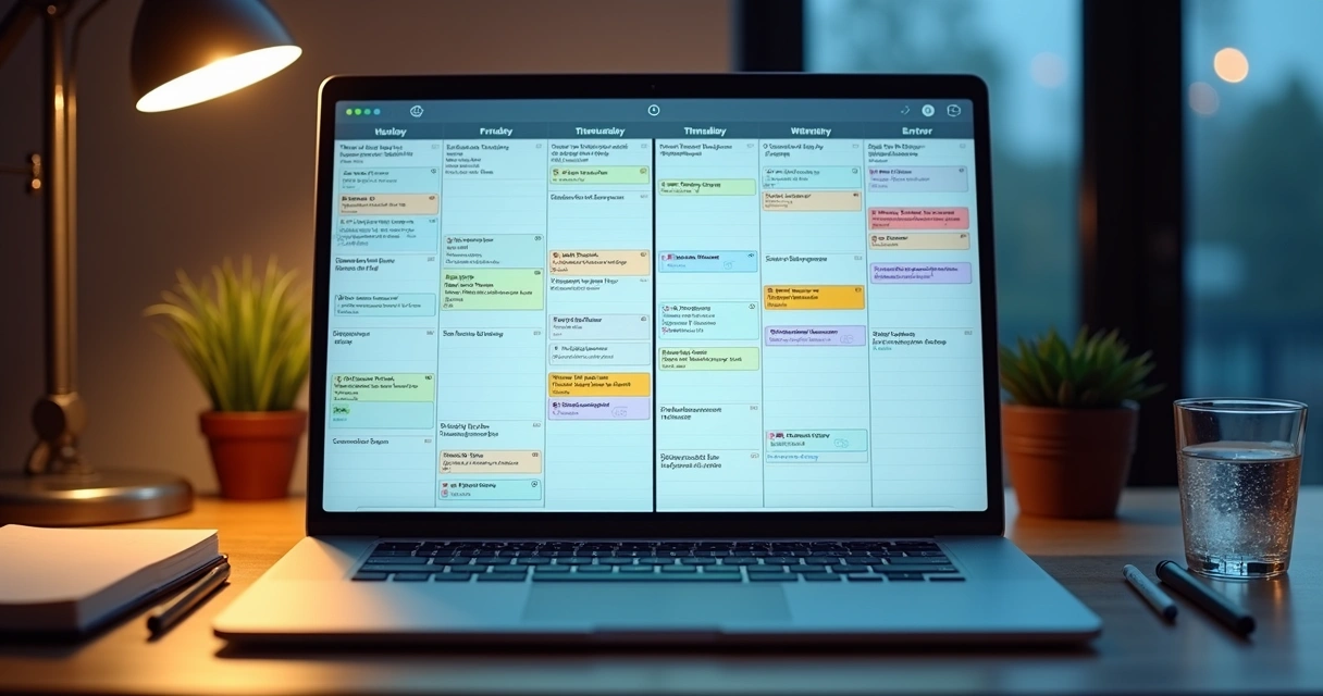 Office desk with two contrasting digital calendars revealing different priorities 