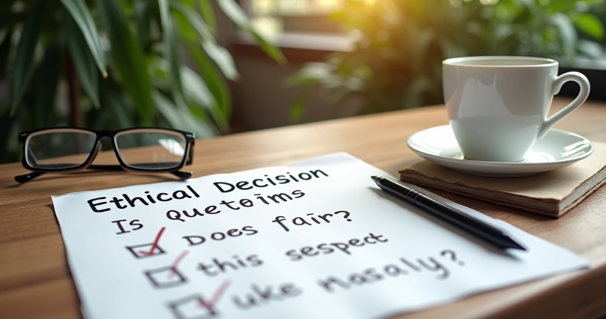 Paper checklist with ethical decision questions, pen and cup on a wooden table. 