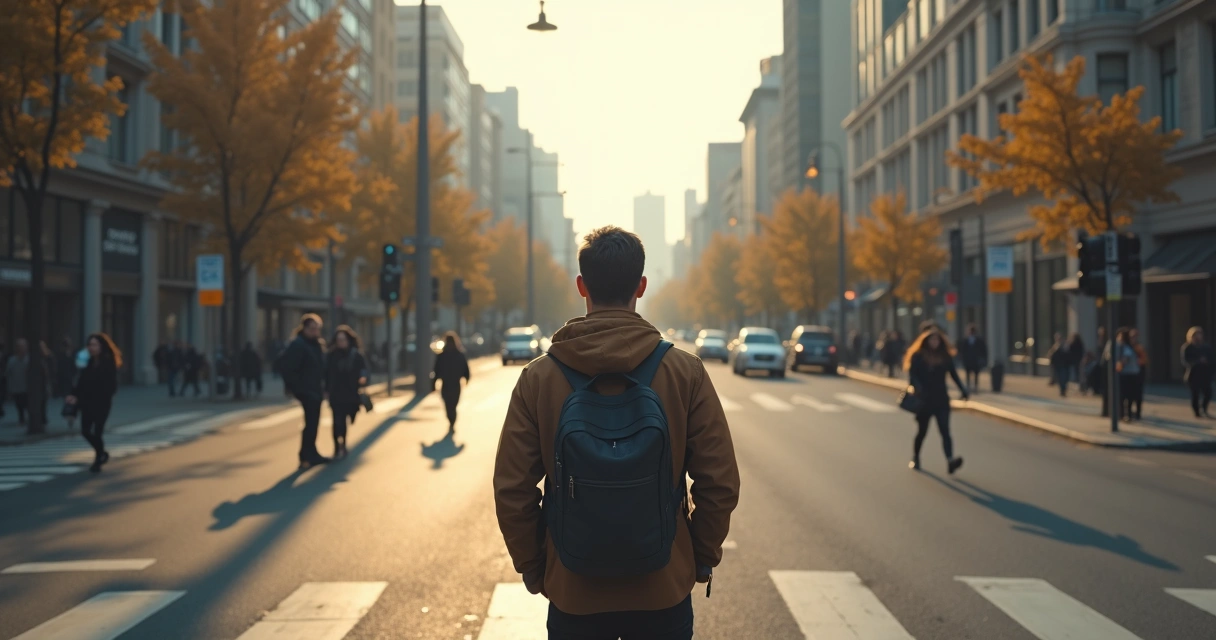 Person pausing on a busy sidewalk, choosing between two streets, city life in motion. 