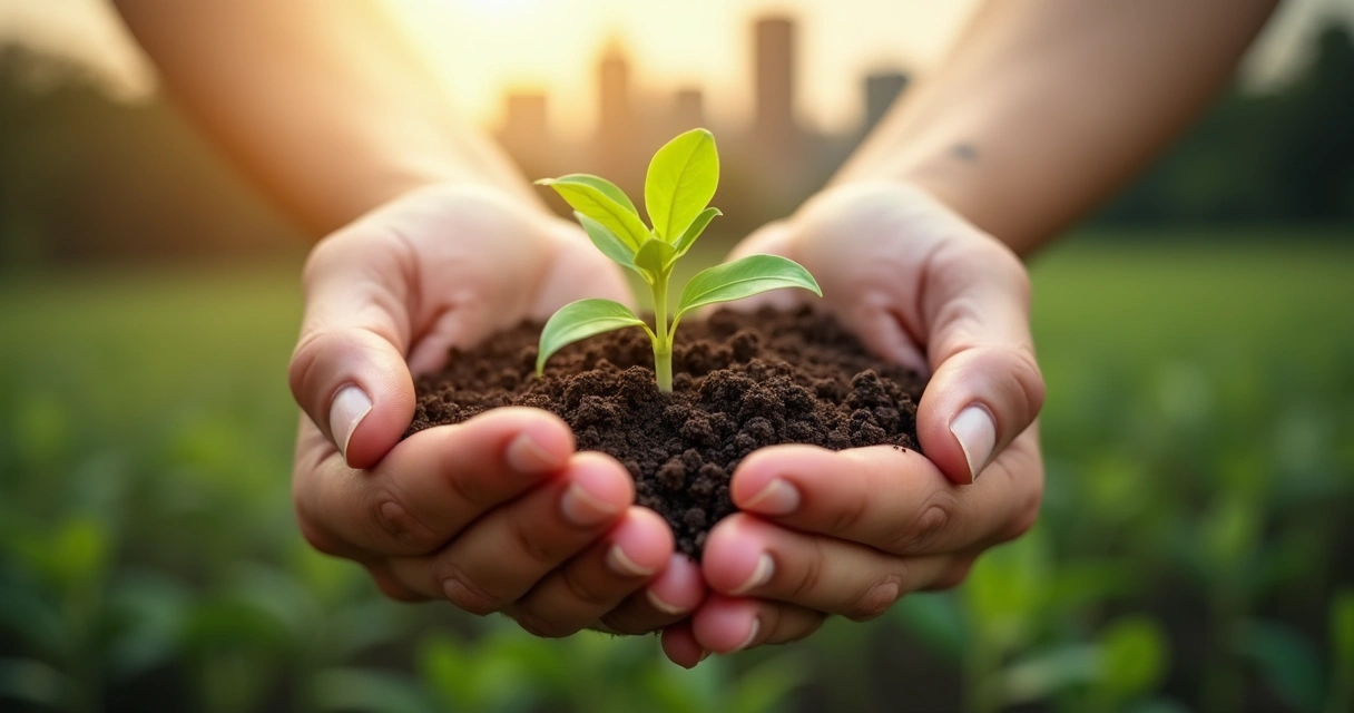 Two hands holding a sprouting plant with city in the background 