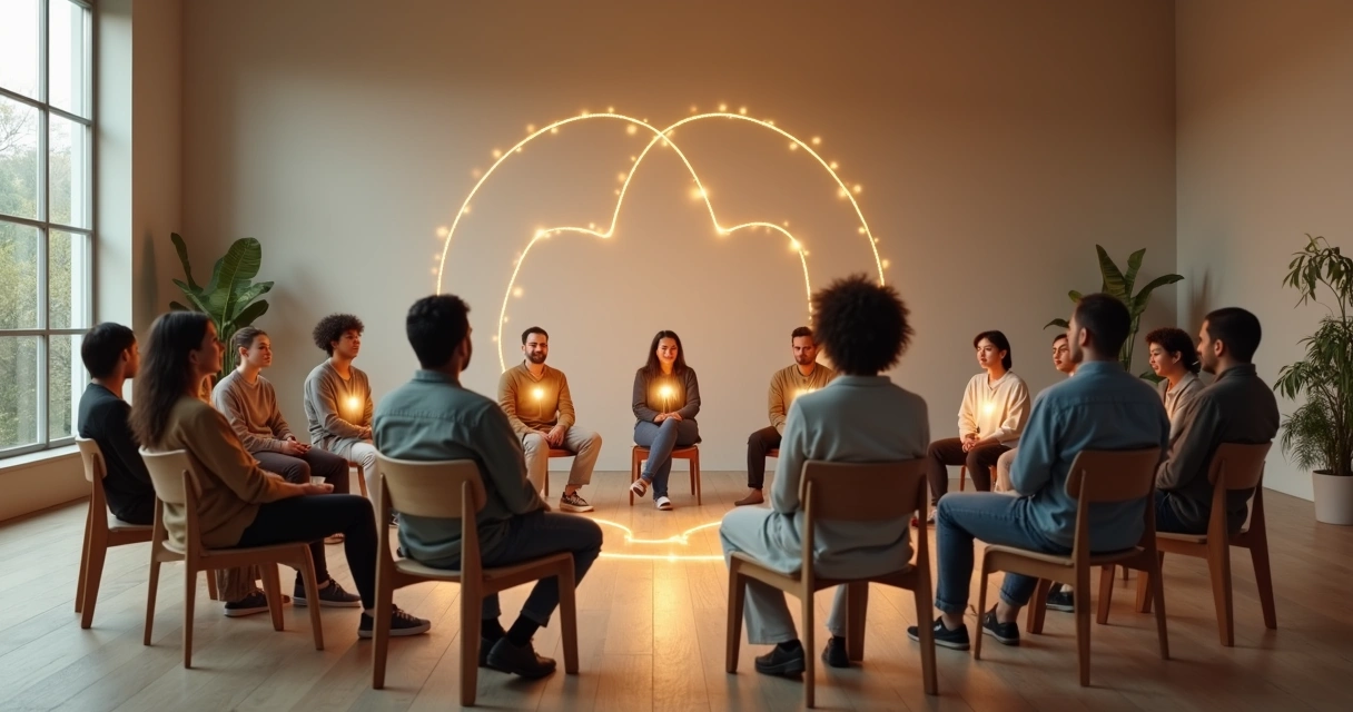 Group seated in a circle linked by a glowing bridge between hearts and heads 