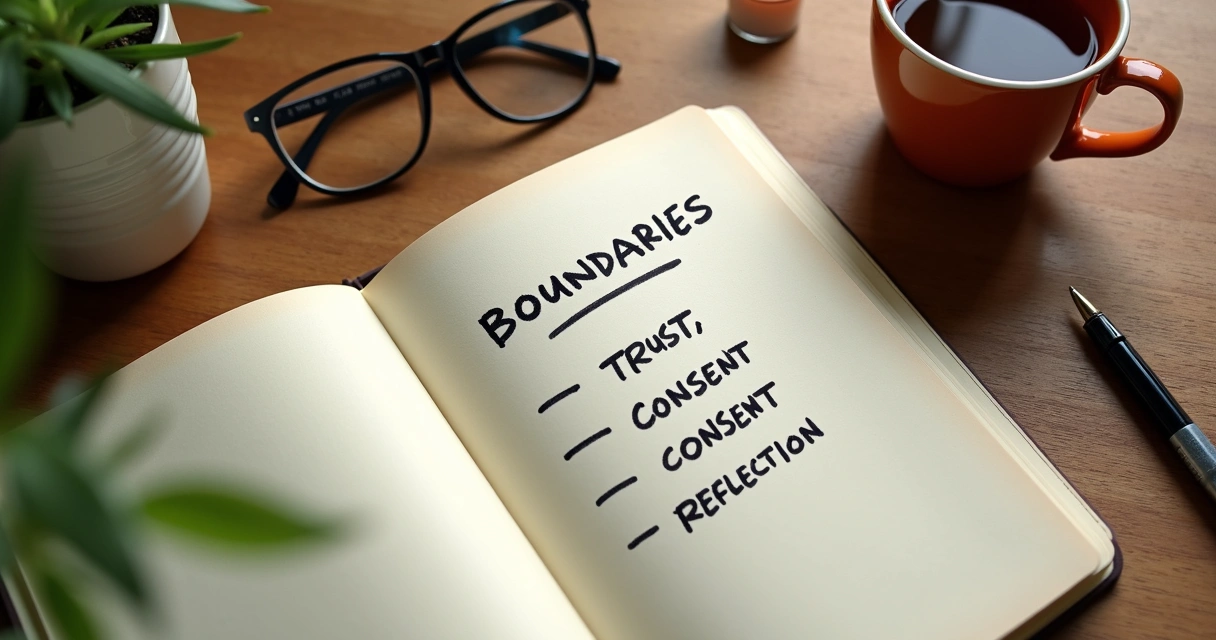 Open notebook with ethical coaching principles beside a cup of tea 