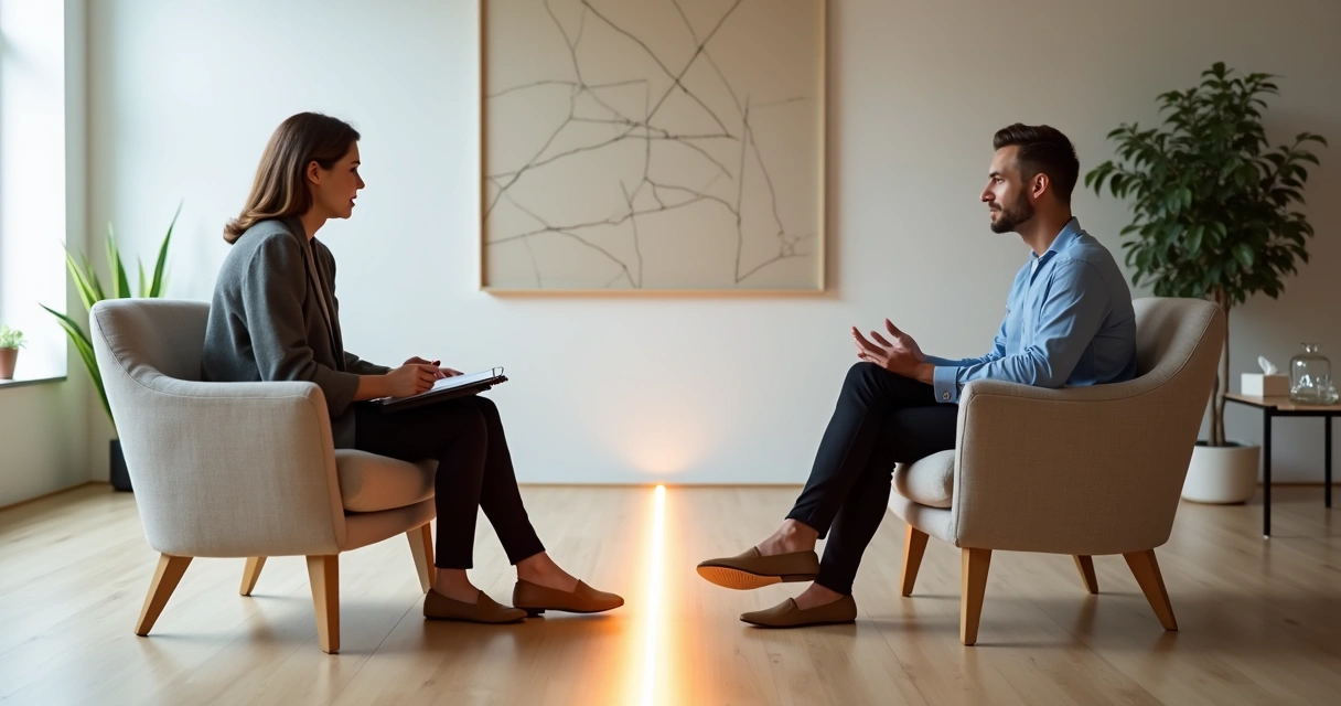 Coach and client seated facing each other with a glowing line on the floor marking clear boundaries 