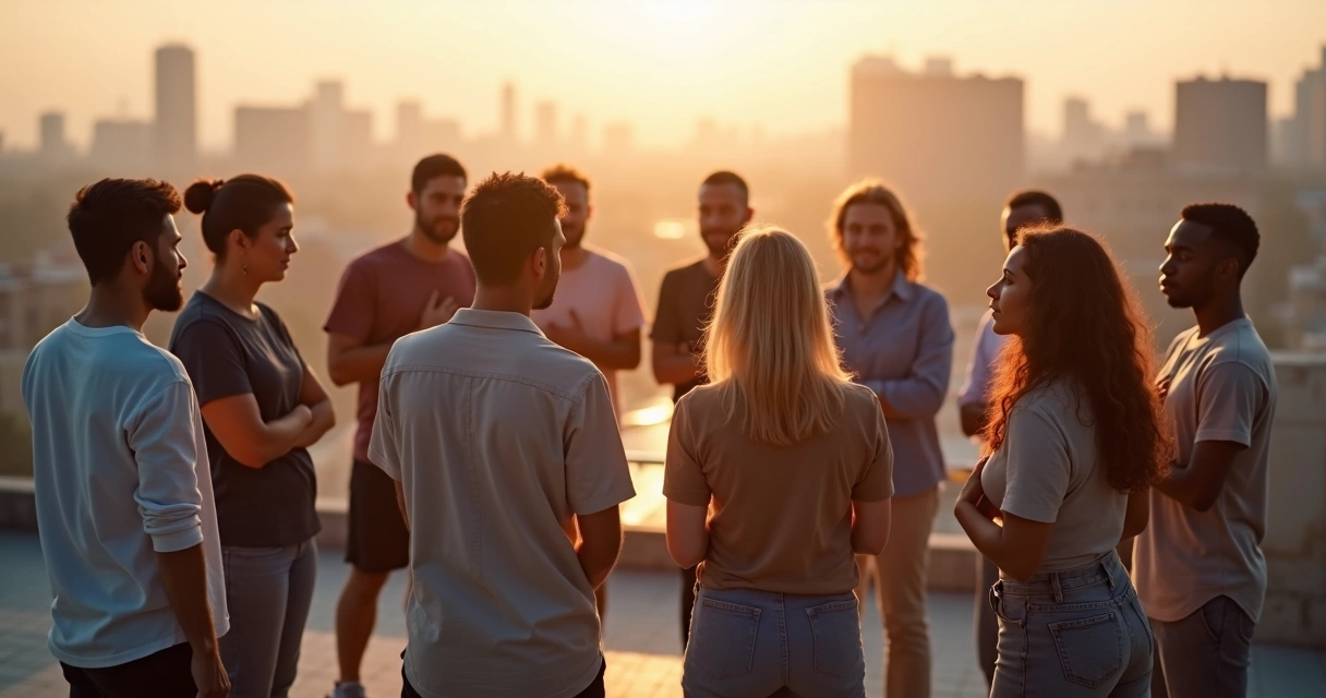 Diverse group standing in circle on rooftop at sunrise 
