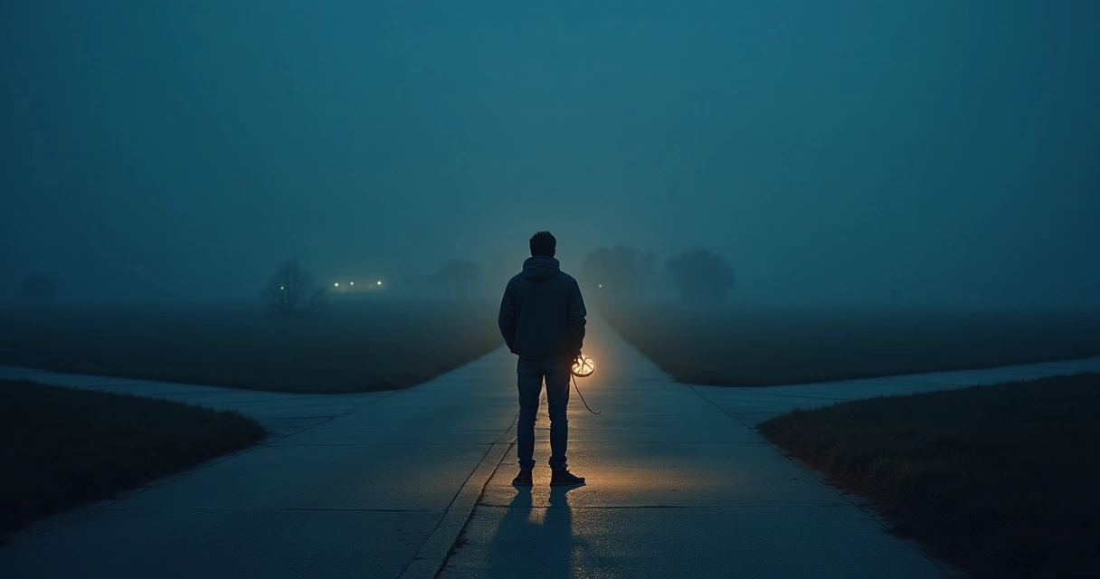 Person standing at illuminated crossroads holding a glowing compass 