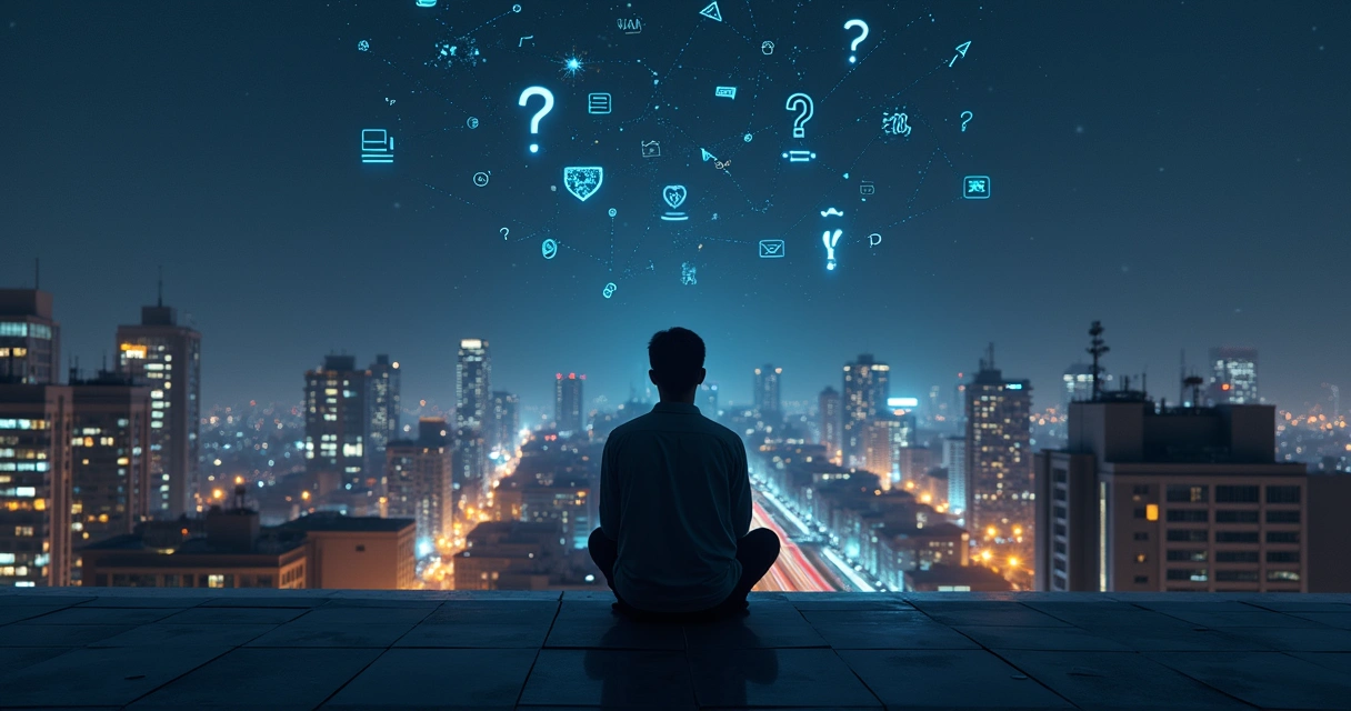 Silhouetted person on rooftop gazing at glowing ethical symbols in the night sky 