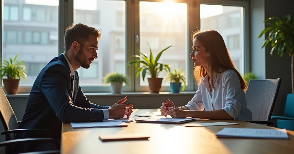 Two professionals having a respectful discussion in a modern office 