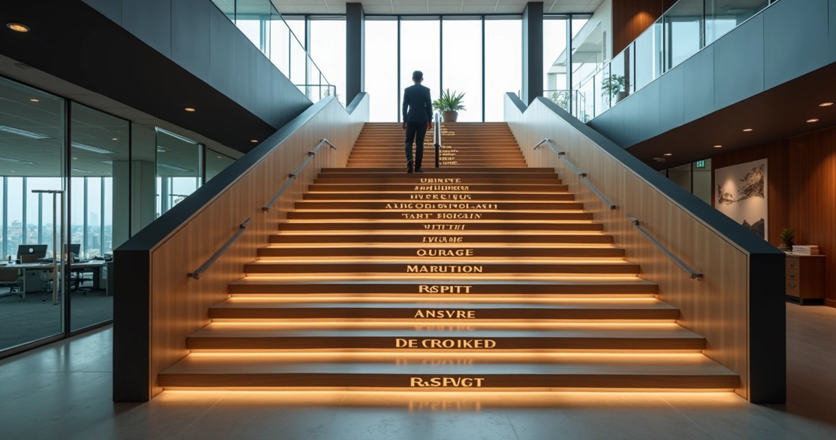 Professional pausing on office staircase lined with ethical keywords 