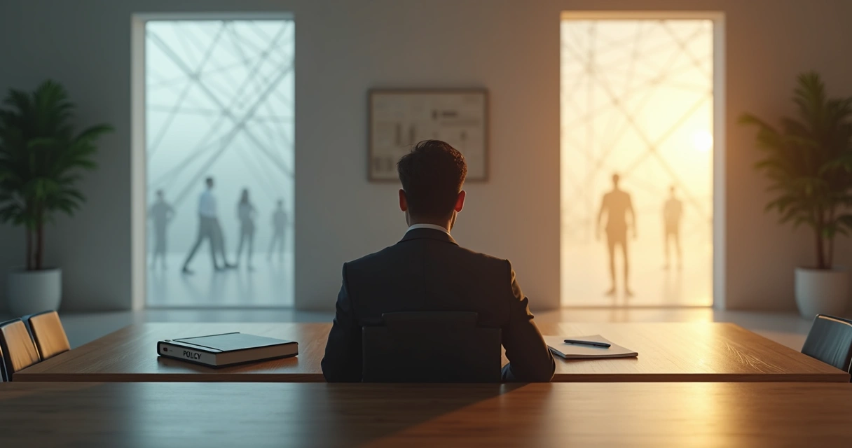 Professional at desk facing two contrasting doorways of light and shadow 