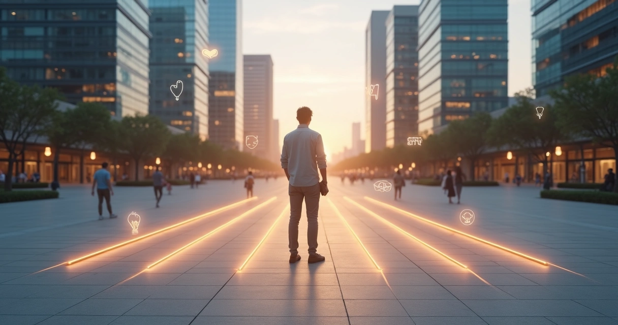 Person at a crossroads choosing an ethical path in a modern city 