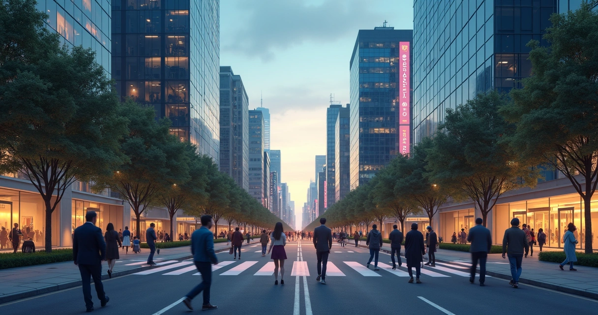Crowd at a city crossroads split between light and shadow paths 
