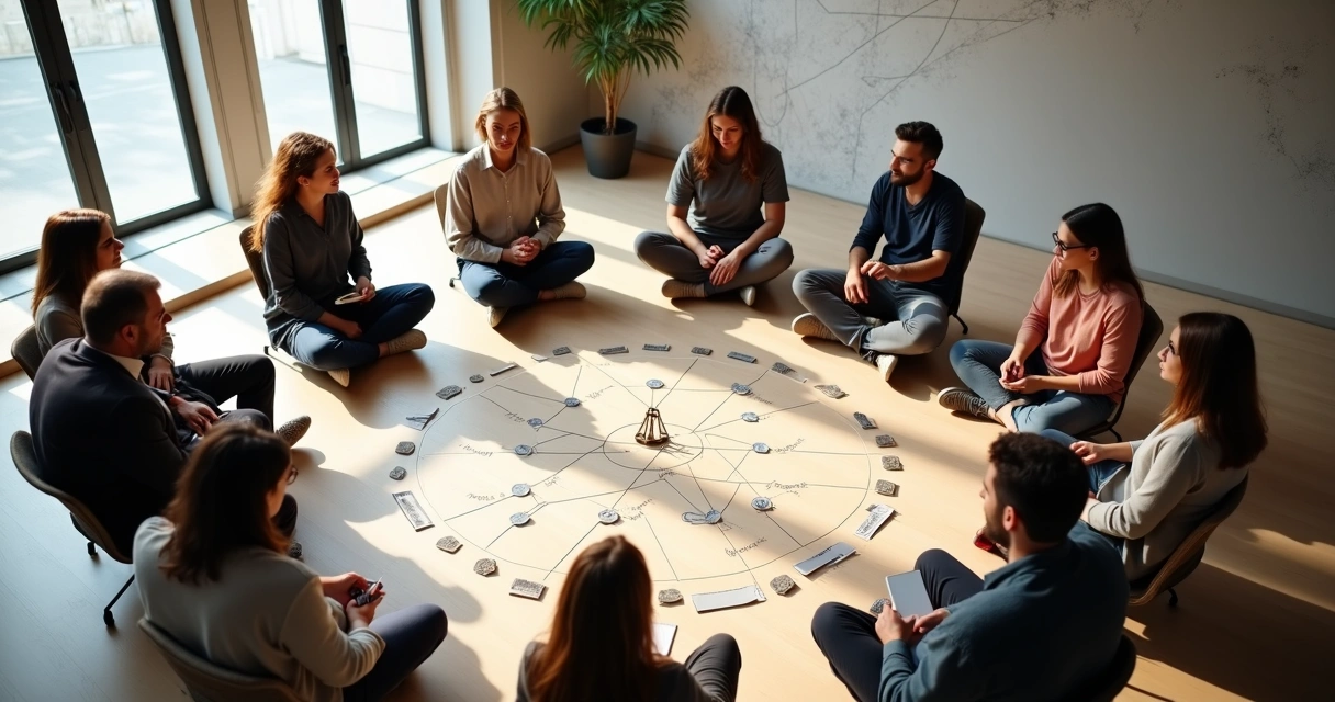 Group in a circle weighing ethical choices with light and shadow on the floor 
