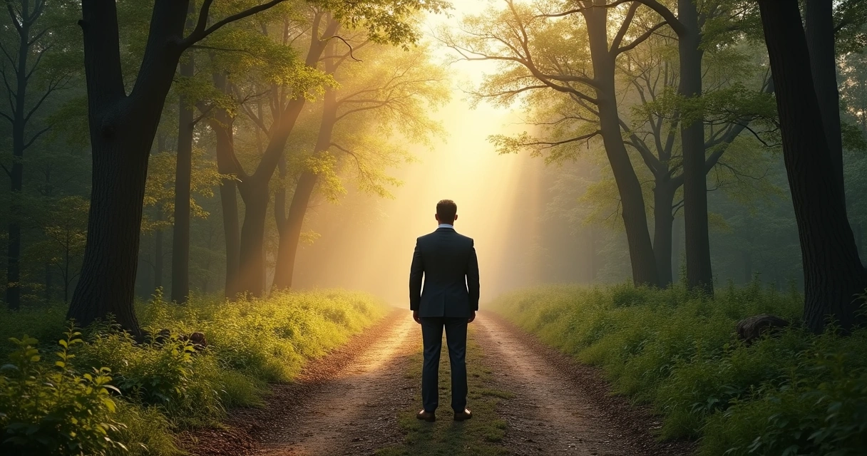 Man at a crossroad, two paths with different weather. 