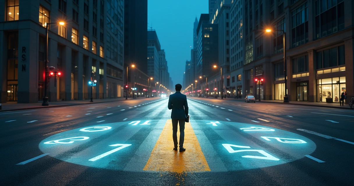 Professional standing at a nighttime city intersection shaped like a glowing clock 