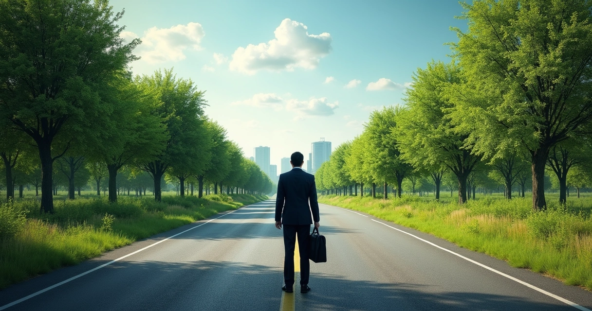 Business person pondering ethical decision, with two diverging paths 