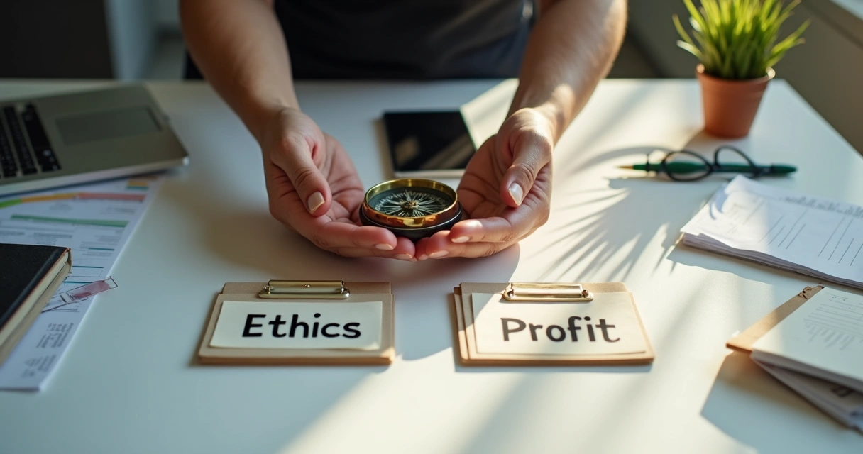 Person holding a compass at a work desk, deciding between two folders marked ethics and profit 