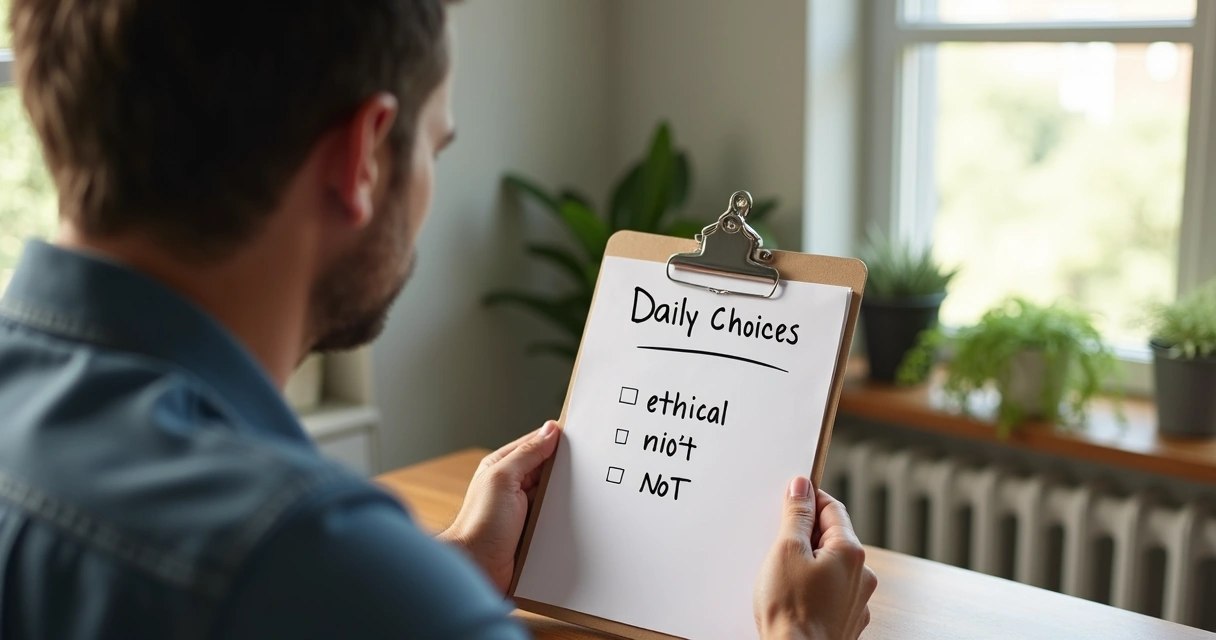 Man looking at a list of ethical choices on a clipboard 