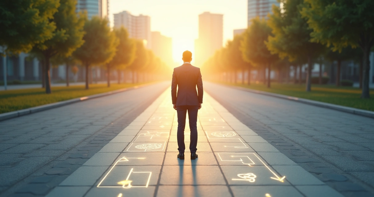 Business person choosing between ethical paths on a crossroads with light and shadow 