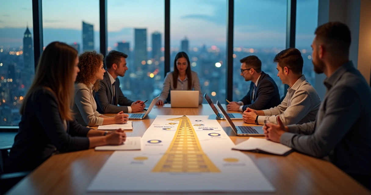 Business team around a table choosing between ethical and unethical paths 
