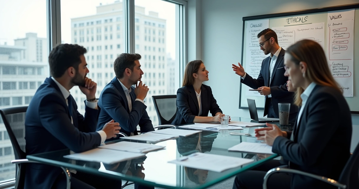 Business professionals discussing ethical choices in a meeting room 