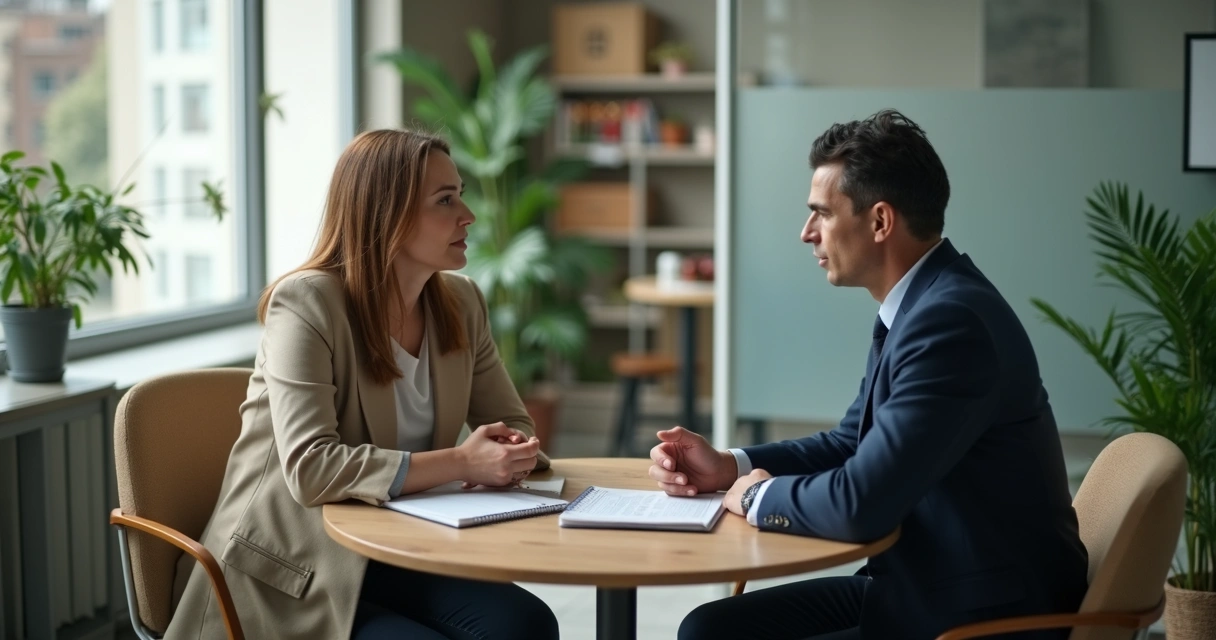 Two coworkers in calm dialogue with notes and open posture