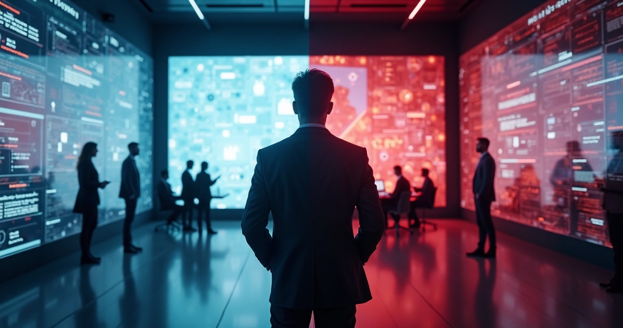 Executive standing between ethical and unethical digital transformation paths 