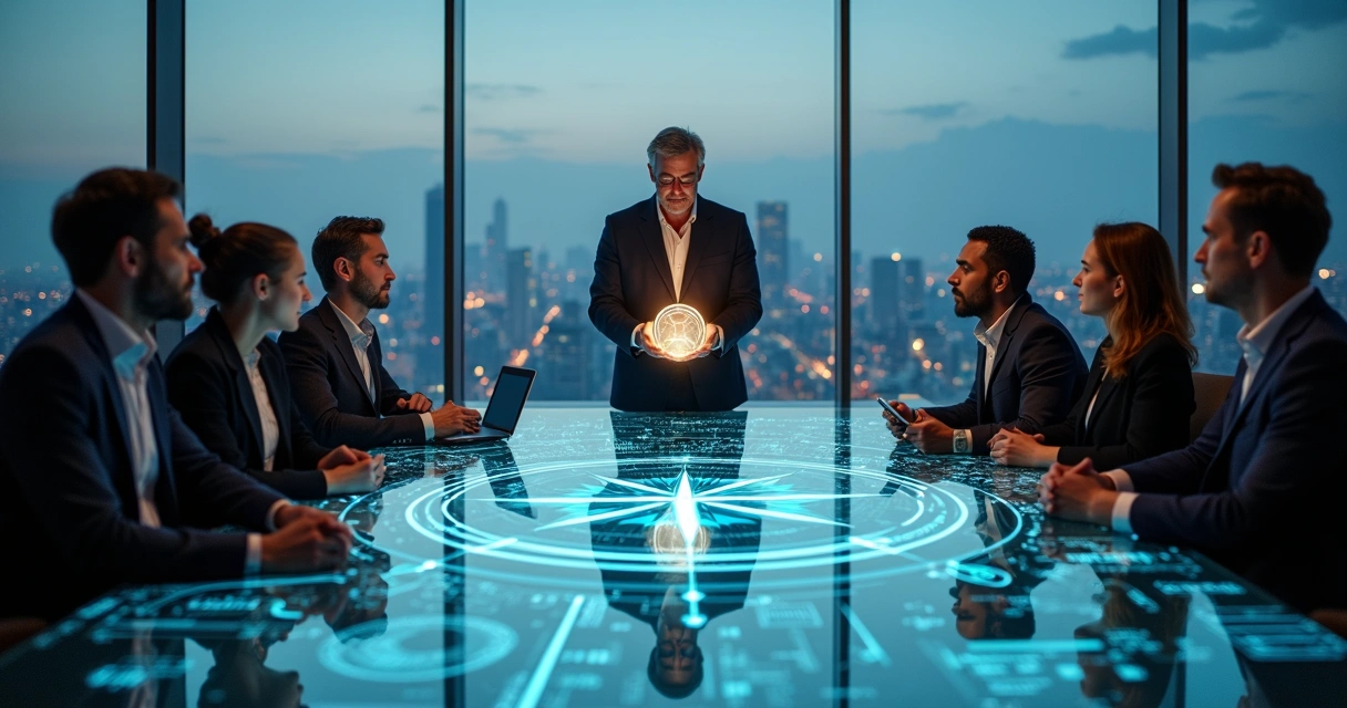 Business leader holding a glowing ethical compass over digital interface 