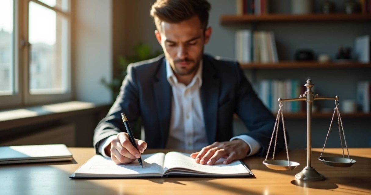 Leader at desk reflecting on ethical decision with balanced scales and light shadow contrast 