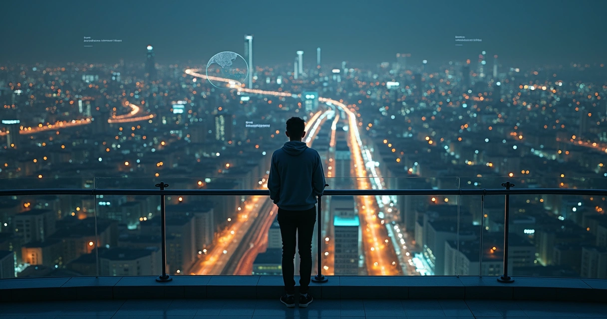 Person observing branching illuminated paths over a city at night 